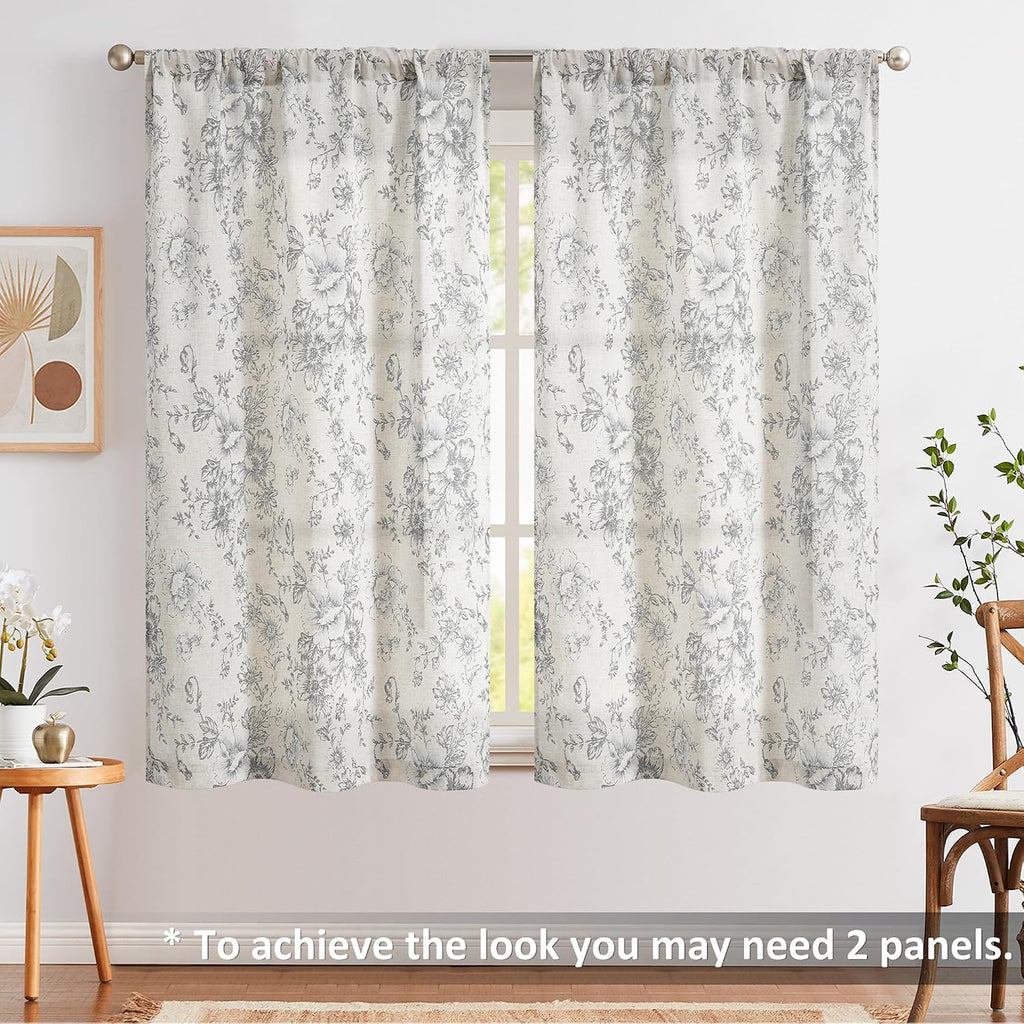JINCHAN Tie Up Valance Curtain Floral for Windows 45 Inch 1 Panel Grey