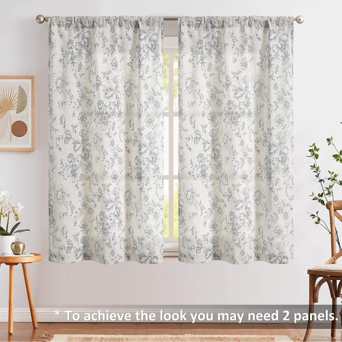 JINCHAN Tie Up Valance Curtain Floral for Windows 45 Inch 1 Panel Grey