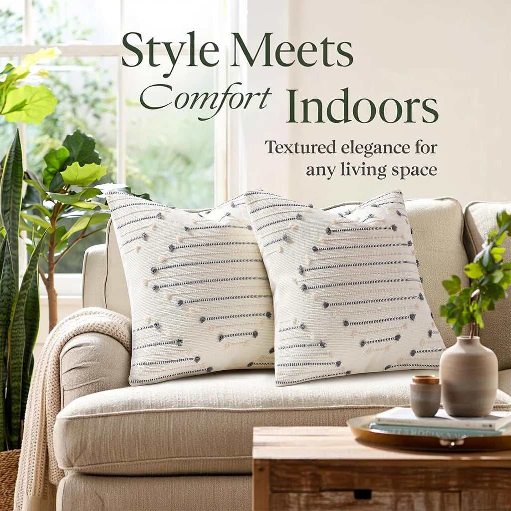 Mecatny Boho Outdoor Throw Pillow Covers 18x18 Set of 2 Beige & Grey