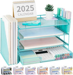 Desk Organizer, 4-Tier Desktop File Organizer with Drawer and Pen Holders, Office Desk Accessories, File Sorters, Workspace Organizers for Office Supplies(Black)
