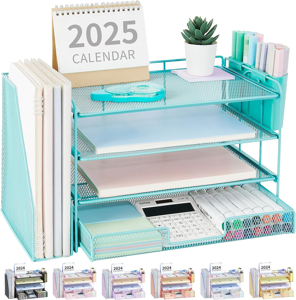 Desk Organizer, 4-Tier Desktop File Organizer with Drawer and Pen Holders, Office Desk Accessories, File Sorters, Workspace Organizers for Office Supplies(Black)