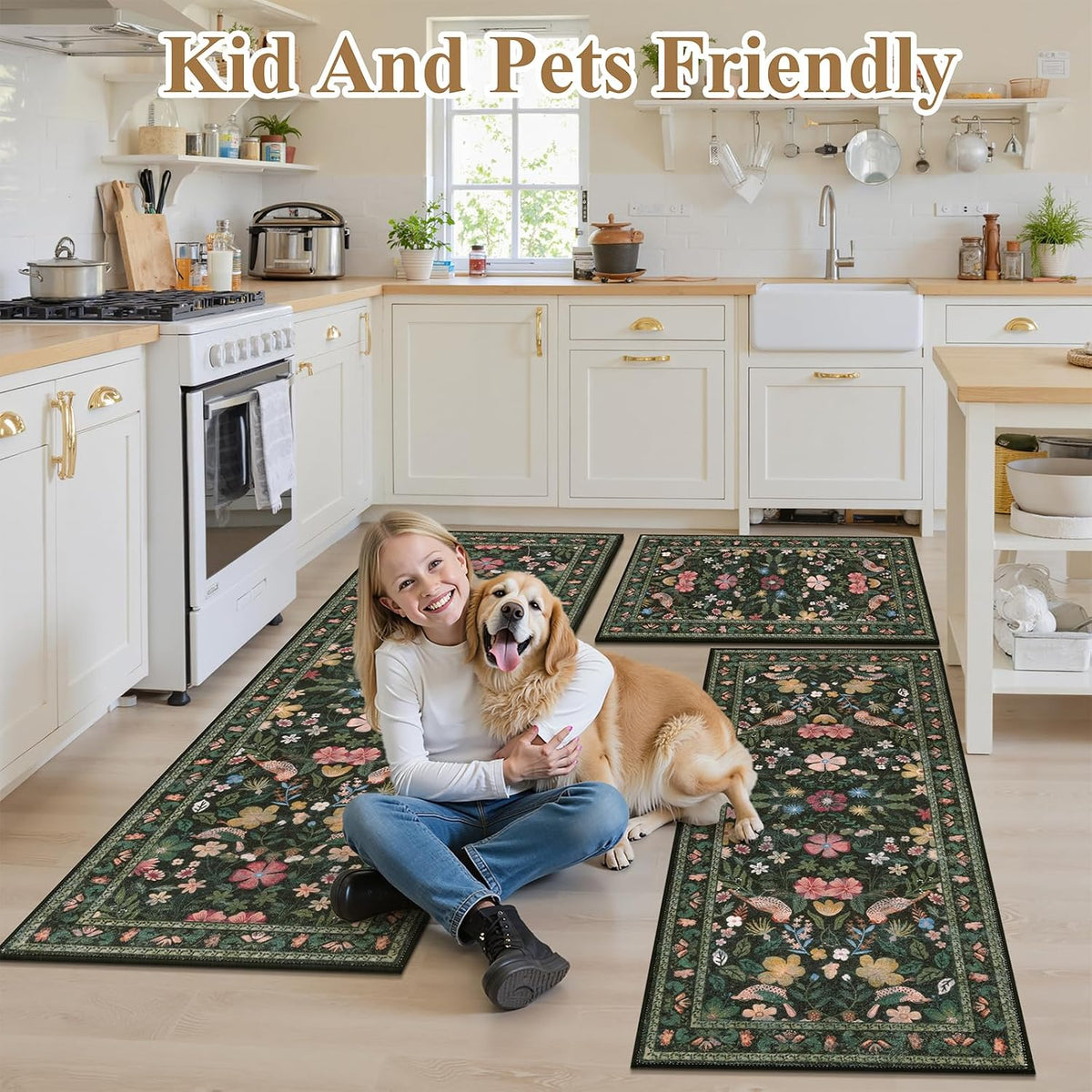 HEBE Boho Kitchen Rugs Set of 3, Non Slip Washable Kitchen Mats for Floor