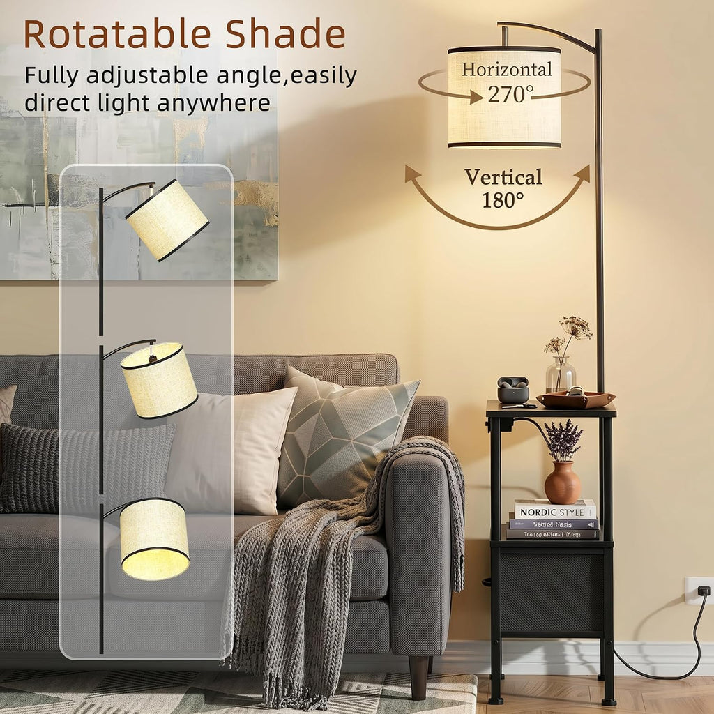 Floor Lamp with Table Set of 2, Charging Station, Black, 15" W