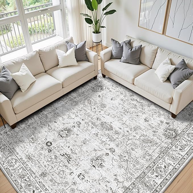 Grey White Area Rugs 10x14 Living Room, Non Slip Machine Washable Floral Rugs - Image 7