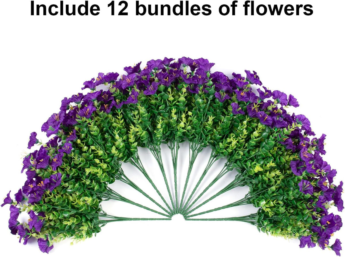 HyeFlora Artificial Flowers for Outdoors Fake Plants Outside Decoration, 12 Bundles Silk Purple Morning Glory with Eucalyptus UV Resistant Look Real Faux Flower for Planter Front Door Porch Patio Yard
