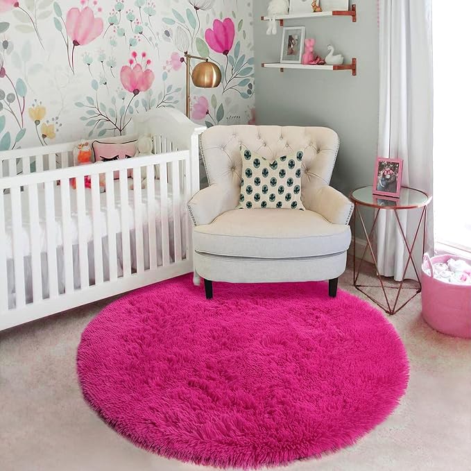 Hot Pink Round Circle Rug 6Ft for Girls Bedroom, Big Fluffy Area Rugs for Kids - Image 6