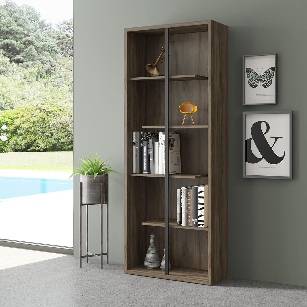 Techni Mobili 5 Shelf Bookcase - Walnut Vertical Standing Wood Bookshelf for Living Room, Bedroom & Home Office - Staggered Bookcase with Asymmetrical Shelves & Heavy Duty Steel Bar Cassa Collection
