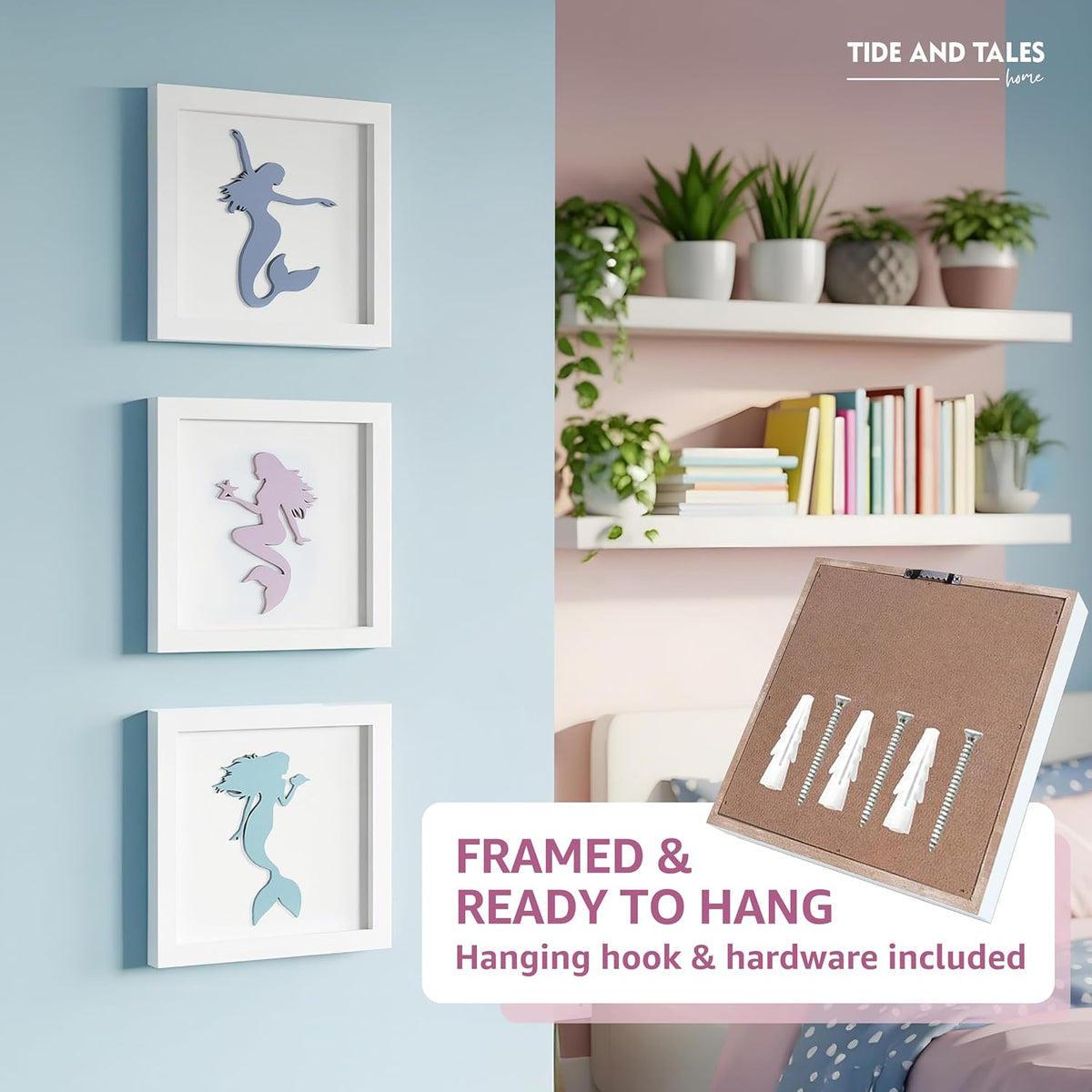 Tide and Tales 3D Elegant Mermaid Wall Decor, Set of 3, Girls Room Decor