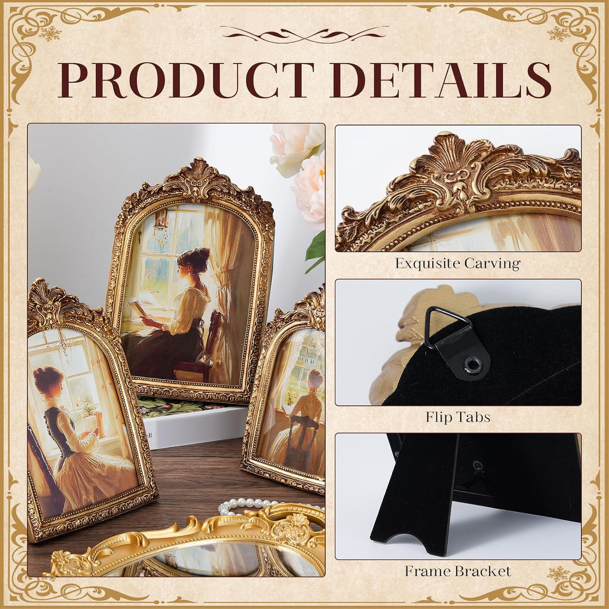 3 Pcs Vintage Picture Frames Antique Set, Ornate Gold Baroque Photo Frames with Real Glass for Tabletop and Wall Mount Ornate, Retro Home Decor and Wall Art (4x6, 5x7, 6x8)