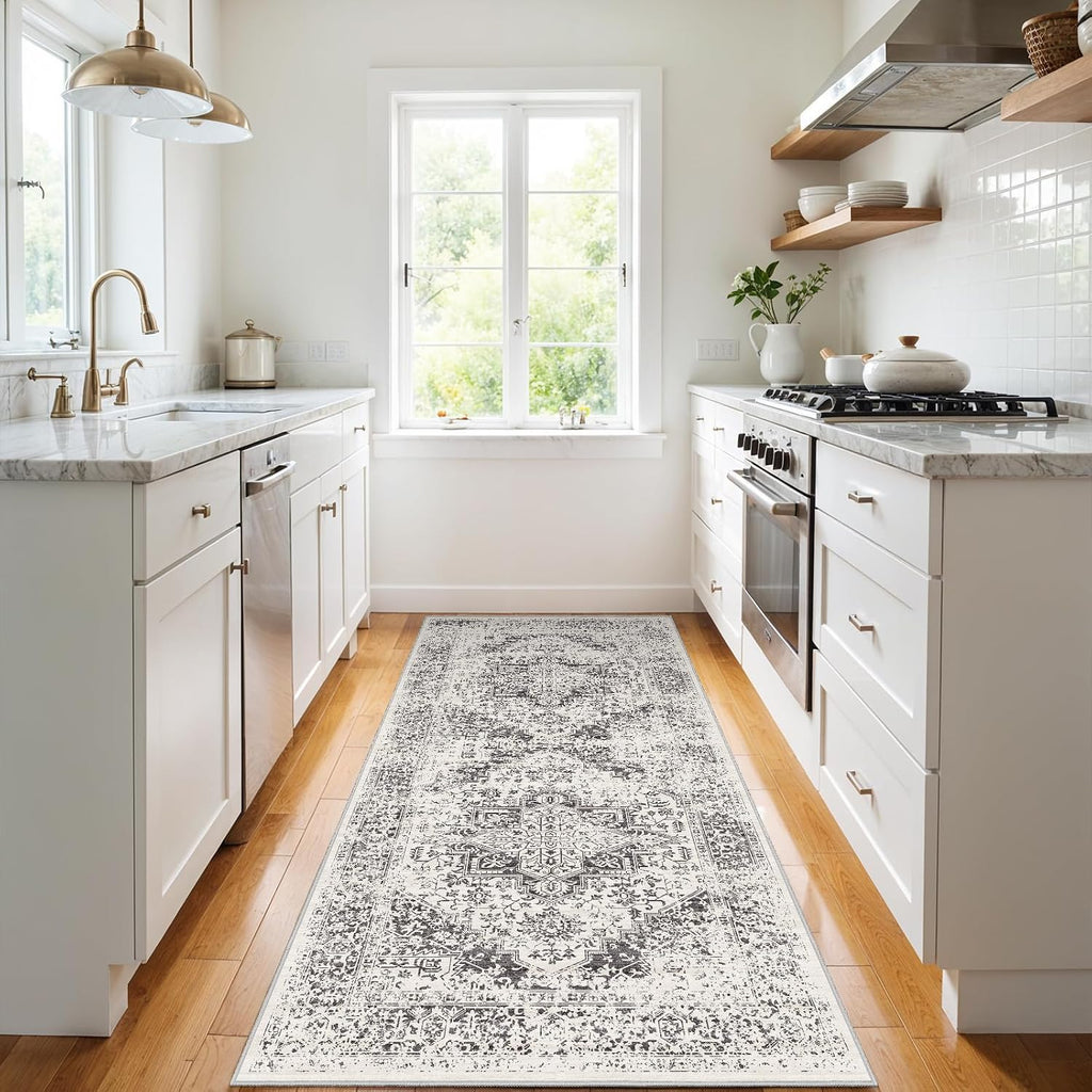 3x6 Washable Runner Rug: Vintage Medallion Kitchen Soft Rugs Gray