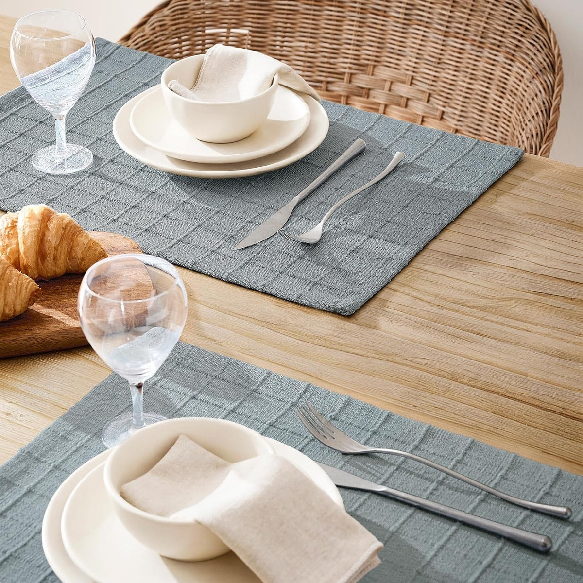 ZeeMart Artisanal Grid Decorative Linen Placemats Set of 6, Chambray
