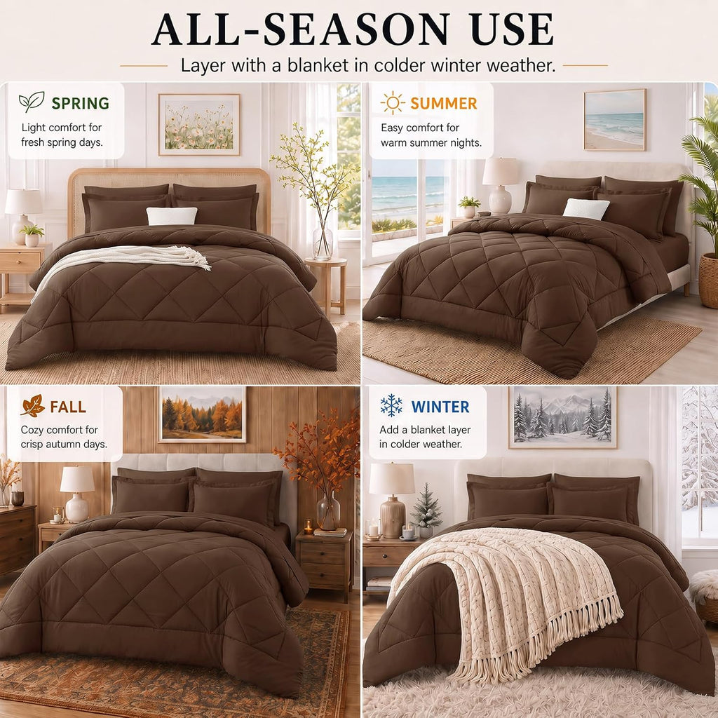CozyLux Queen Comforter Set 88"x88" Brown - 7 Piece Bed in a Bag