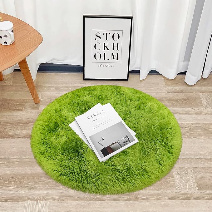 Tie Dye Green Round Rugs Small 3x3 ft Fluffy Circle Rug Furry Carpet Shaggy - Image 6