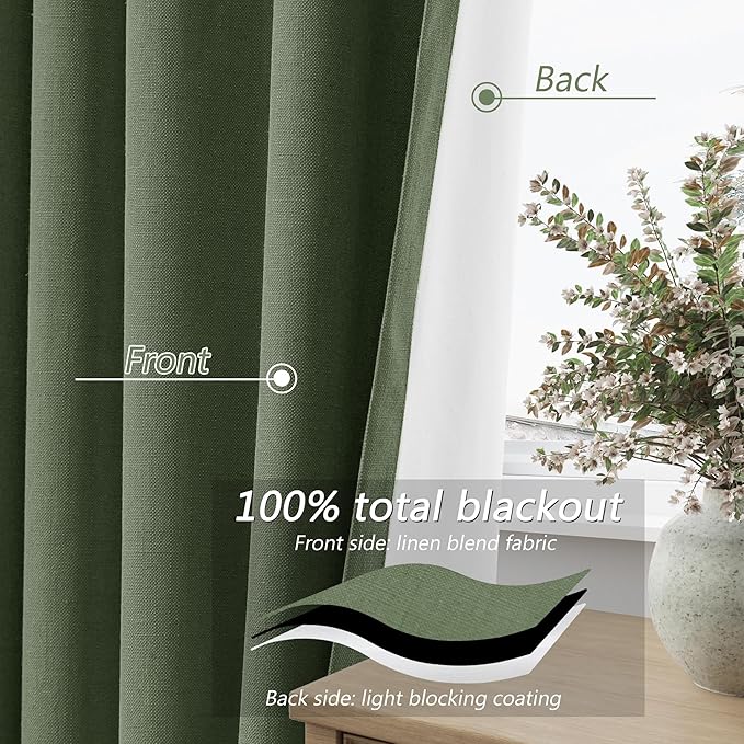 Guken Olive Green 100% Blackout Curtains 108 Inch Length 2 Panels Set - Image 4