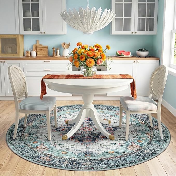 Area Rugs 6ft Washable Non-Slip, Floral Vintage Distress Print Pattern - Image 2