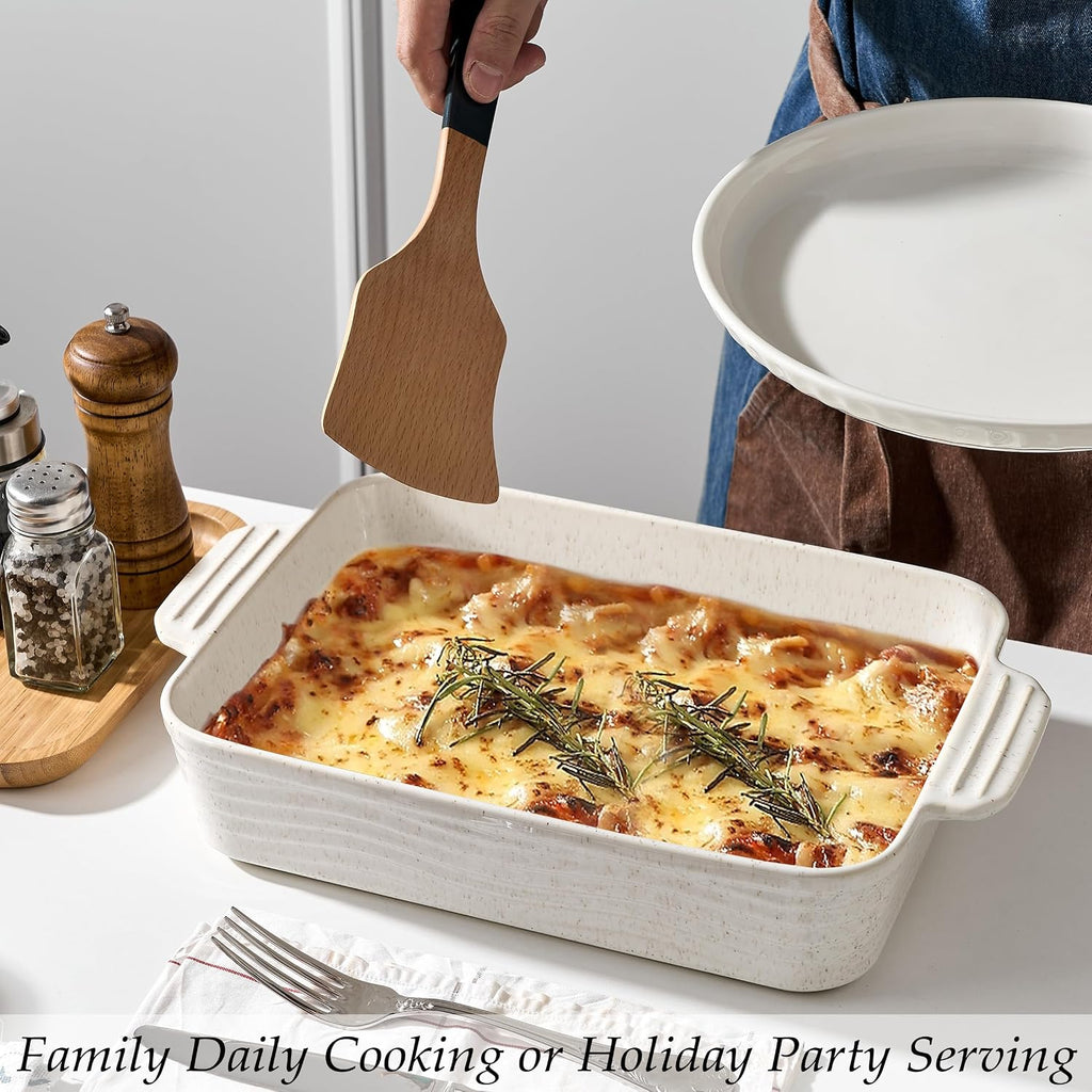 Ceramic Baking Dish Set of 3, Casserole Dishes for Oven, Rectangular Porcelain Bakeware Set with Handles, Lasagna Baking Pan for Cooking, Perfect for Baking and Serving, Housewarming, Halloween, Thanksgiving, Christmas, New Year-Reactive White