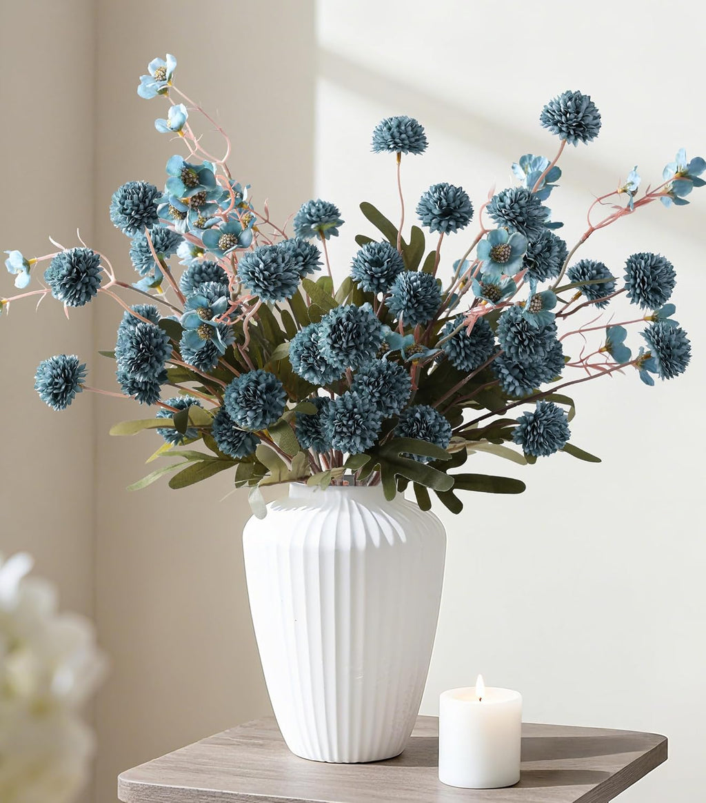 8 Pcs Fake Mums Kiku Flowers Artificial with Wild Flowers Bulk, Blue Silk Flower Arrangements Decor Floral Centerpieces For Tables Artificial Fall Flowers for Vase DIY Bouquet Coffee Dining Home