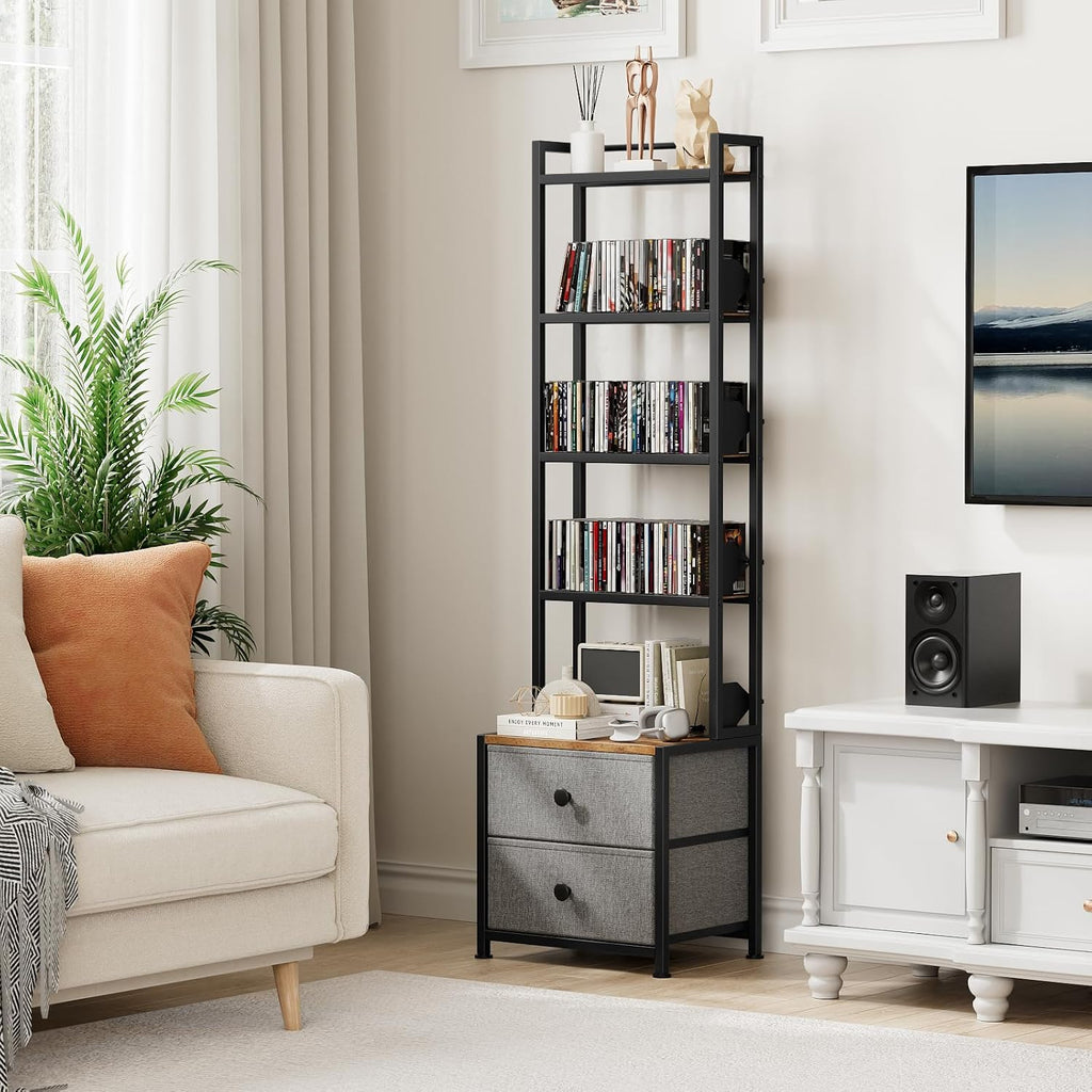 CD Storage Rack with Drawer, 5-Tier Media Storage Shelf