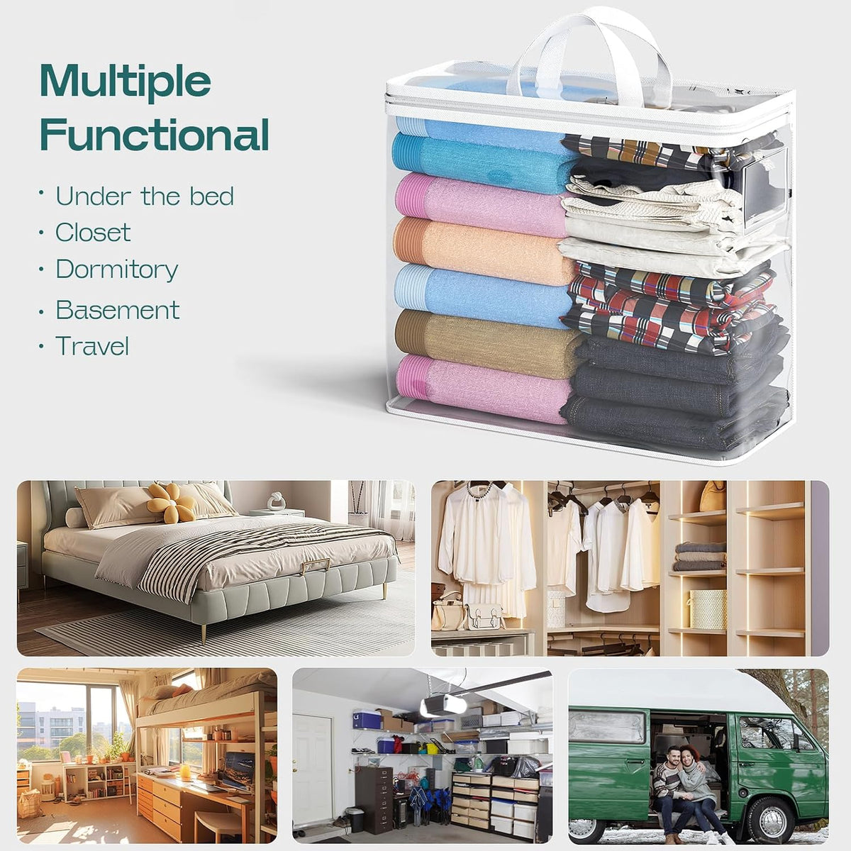 5PACK Plastic Clothes Storage Bag, 22L Clear Storage Bags, Under-Bed Storage, Plastic storage with zipper and handle for Bedding, Sweaters, Comforters, Clothing, Books, DVD & CD (White)