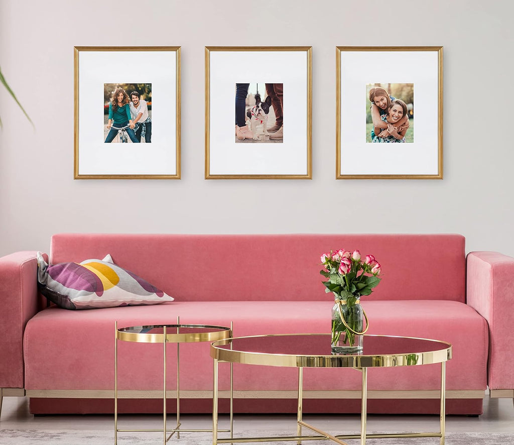 Kate and Laurel Adlynn Wall Picture Frame Set, 16" x 20" matted to 8" x 10", Gold, Set of 3