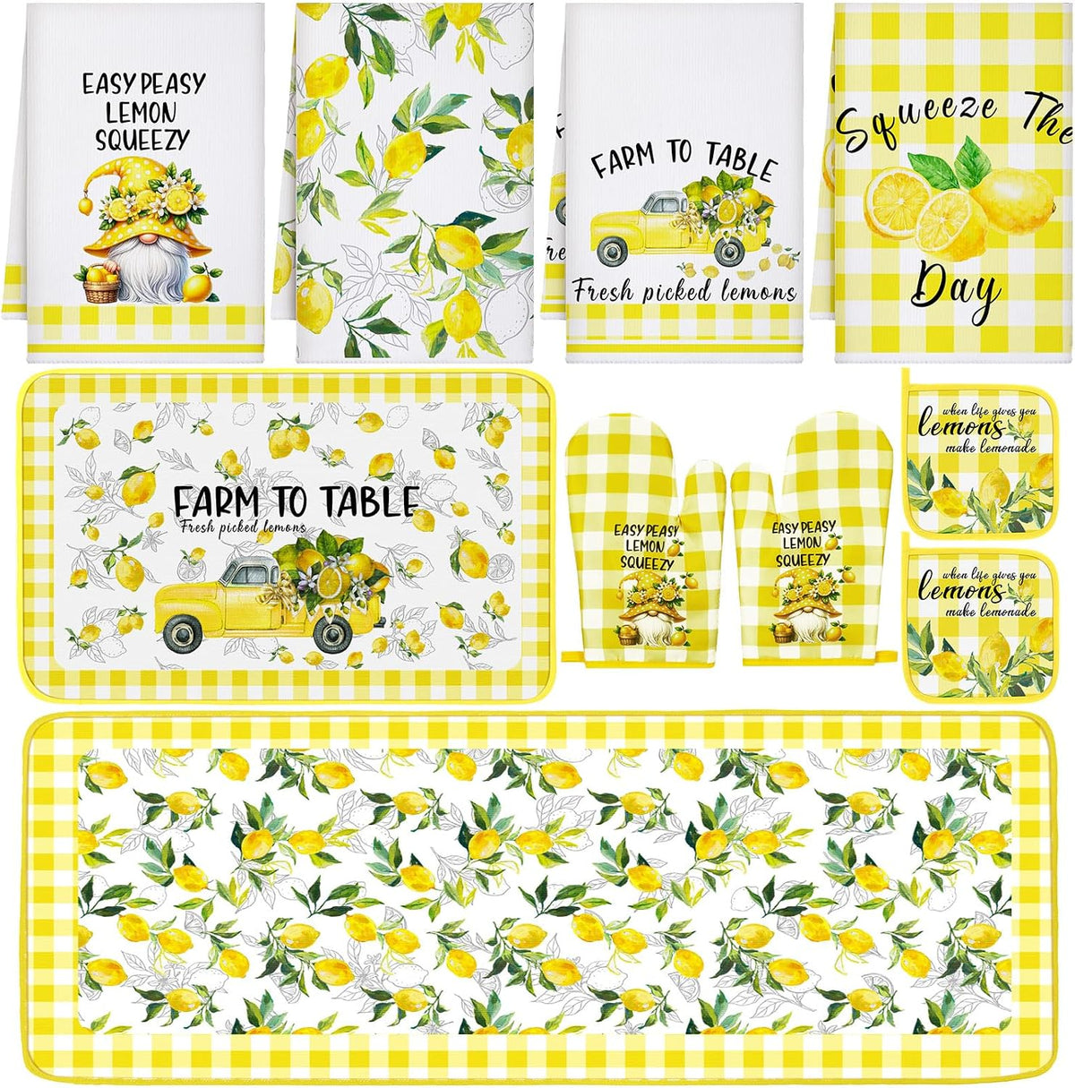 Fourluoo 10 Pcs Lemon Kitchen Decor Set Black Plaid Yellow Lemon