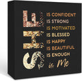 Black Gold She Is Me Wooden Box Sign Desk Decor, Inspirational Decorative Signs Decor for Office Bedroom, Postive Affirmations Home Shelf Desk Decor, Inspirational Desk Decor 5x5 Inch