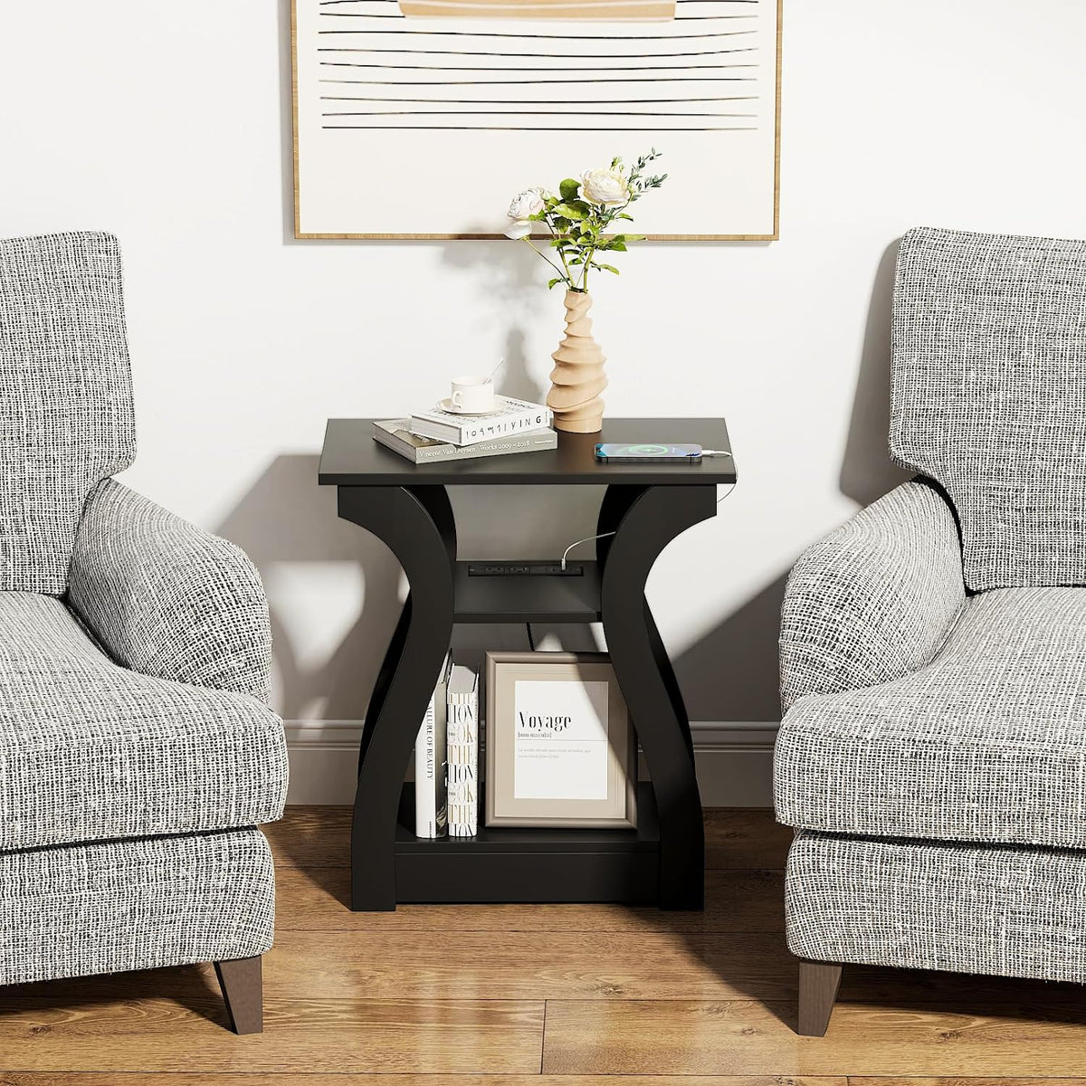 FROMJBEST End Tables Living Room with Charging Station, Black Side Tble