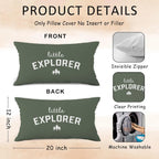 Little Explorer Throw Pillow Covers, Olive Green Themed Square Adventure Pillow Case Cover for Couch, Woodland Nursery Cushion Cover Case for Kids Room Nursery Toddler Dorm Bedroom, 12x20