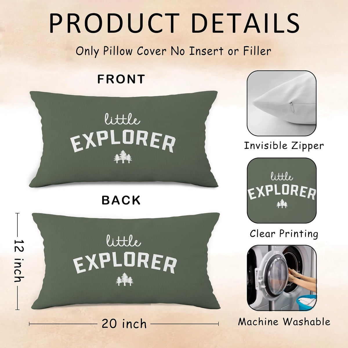 Little Explorer Throw Pillow Covers, Olive Green Themed Square Adventure Pillow Case Cover for Couch, Woodland Nursery Cushion Cover Case for Kids Room Nursery Toddler Dorm Bedroom, 12x20