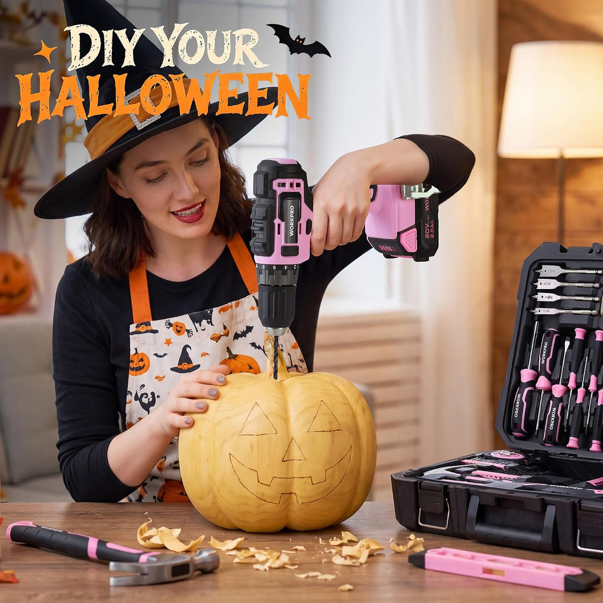 WORKPRO 20V Pink Cordless Drill and 141-Piece Home Tool Kit for Women