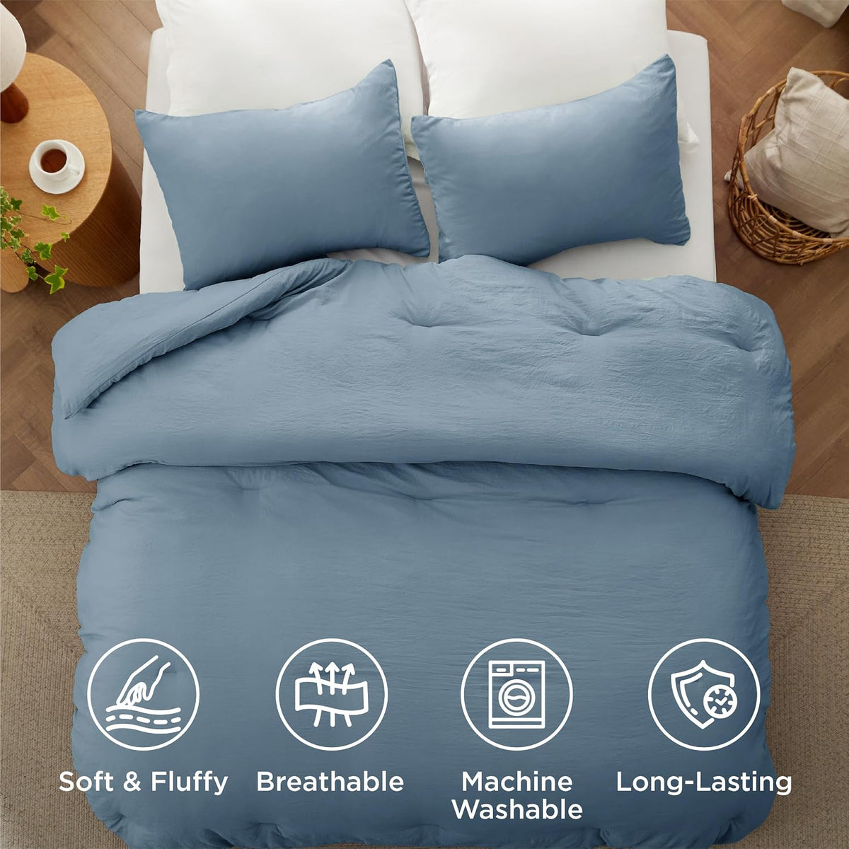 Bedsure King Comforter Set Prewashed Soft Bedding 3Pcs Dusty Blue 104"x90"