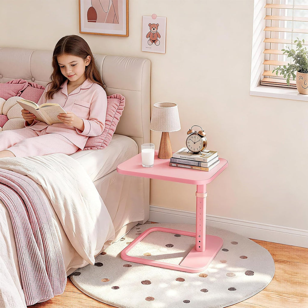 Kitstorack TV Tray Table, Adjustable Height & Rounded Metal Corners, Snack Table for Couch, Sofa, Bed, Chair, Living Room, C Shaped End Side Table for Eating, Dinner or Laptop, Small Spaces, Pink