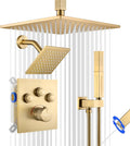 Thermostatic Shower System Brushed Gold, Push Button Diverter Shower Faucet with 2 in 1 Handheld, Ceiling Mount 12 Inch Shower Head with 6 Inch Wall Mount Shower Head