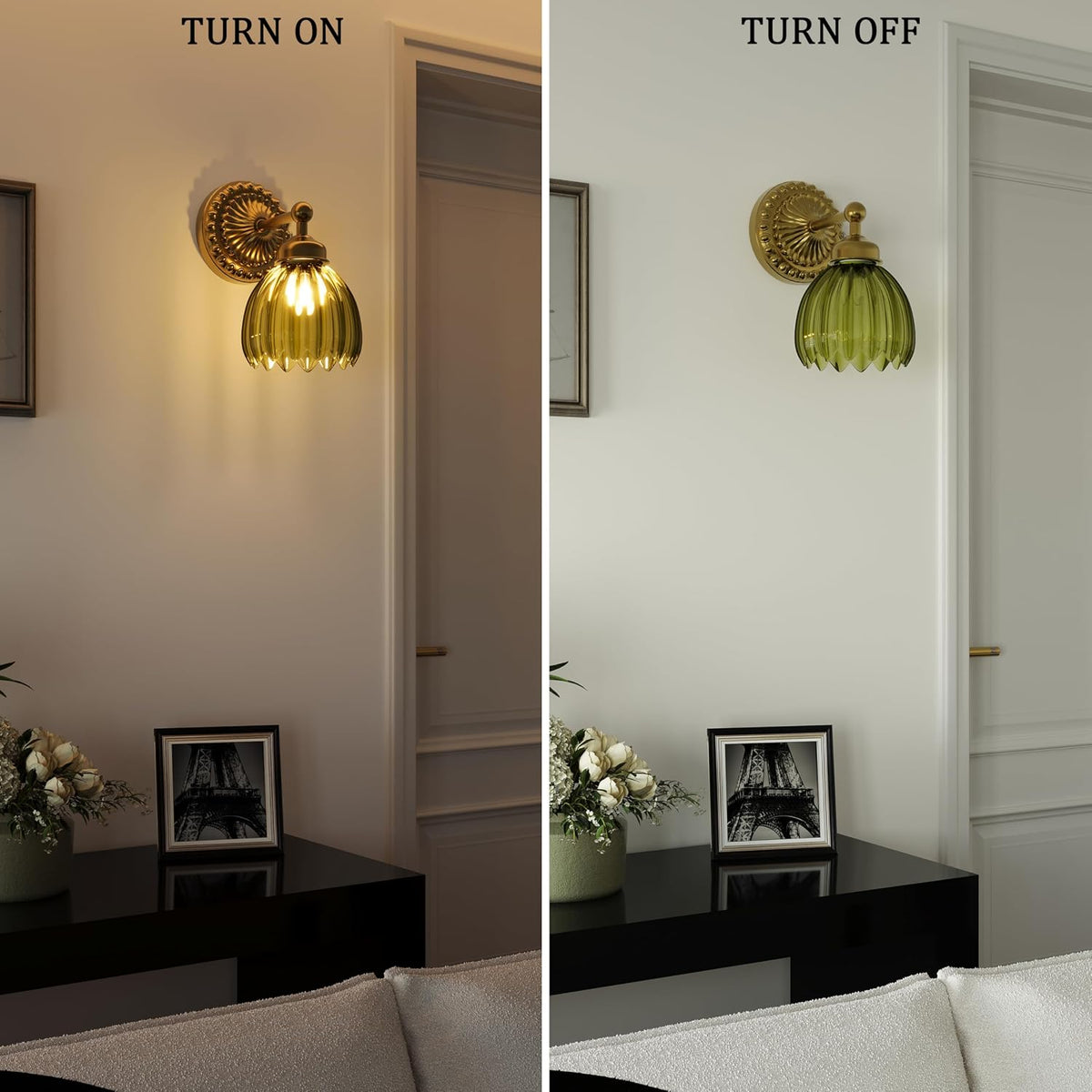 Battery Operated Wall Sconce, Vintage Wall Light, 2 Pack, Green Tulip Glass
