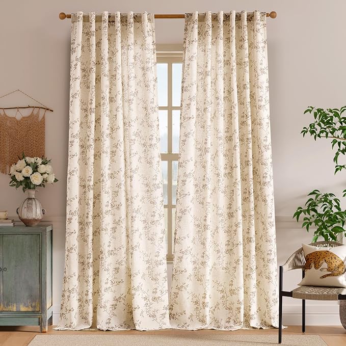 Lazzzy Farmhouse Linen Curtains Extra Long Taupe Floral Curtains 108 Inch - Image 2
