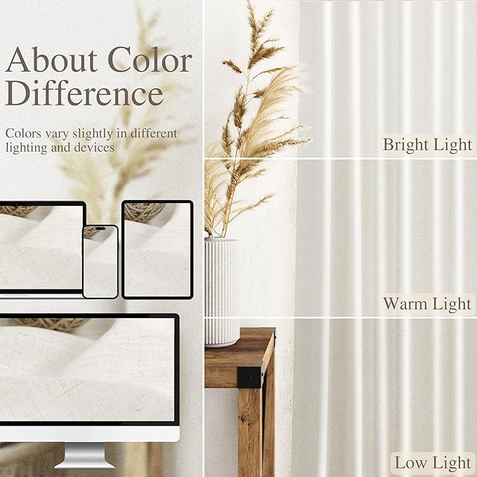 Beige White Linen Curtains 90 Inch Long 2 Panels Set - Image 3
