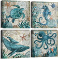 Bathroom Wall Art Beach Decor Ocean Sea Turtle Octopus Canvas Pictures Coastal Room Decor Teal Bathroom Accessories Vintage Whale Seahorse Poster Modern Nautical Painting Bedroom Home Decorations