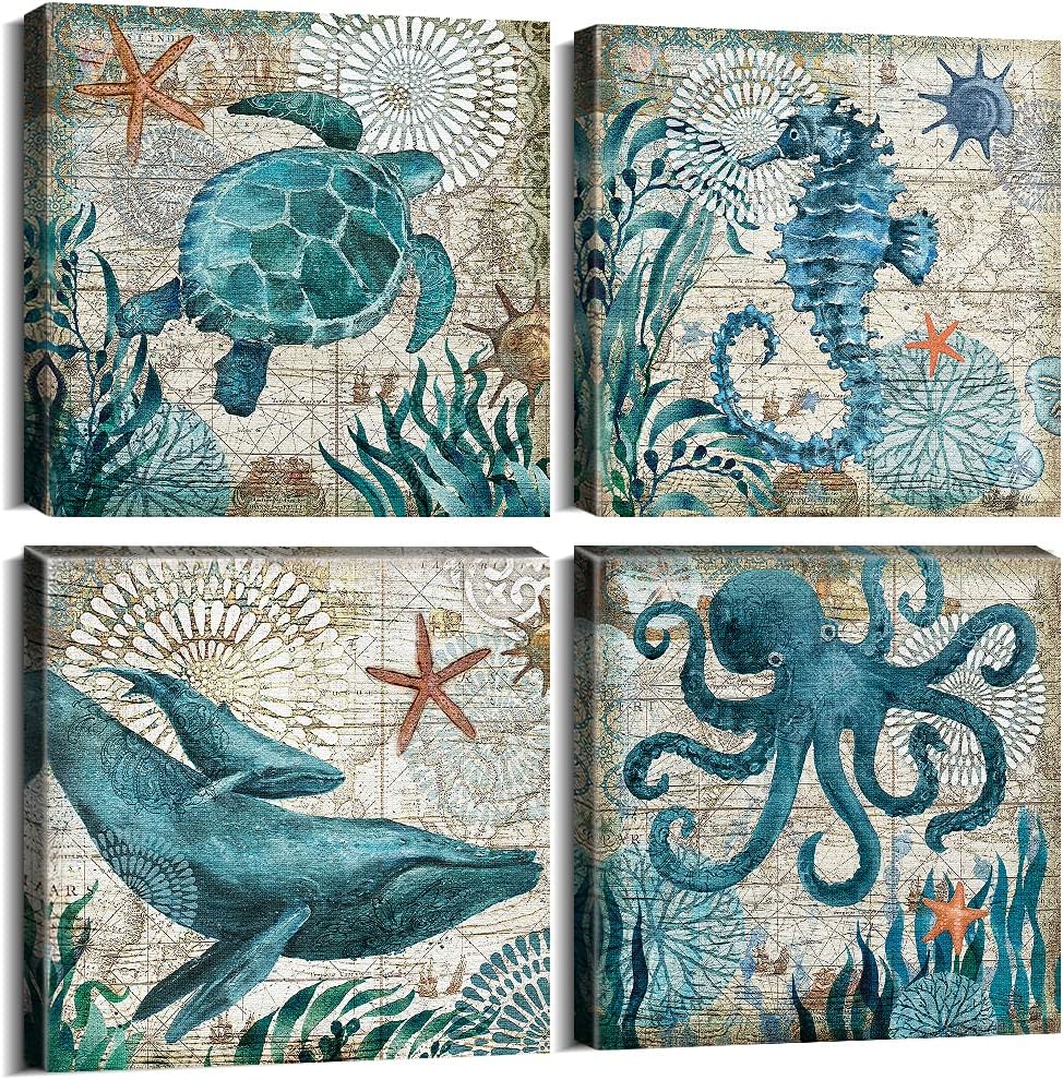 Bathroom Wall Art Beach Decor Ocean Sea Turtle Octopus Canvas Pictures Coastal Room Decor Teal Bathroom Accessories Vintage Whale Seahorse Poster Modern Nautical Painting Bedroom Home Decorations