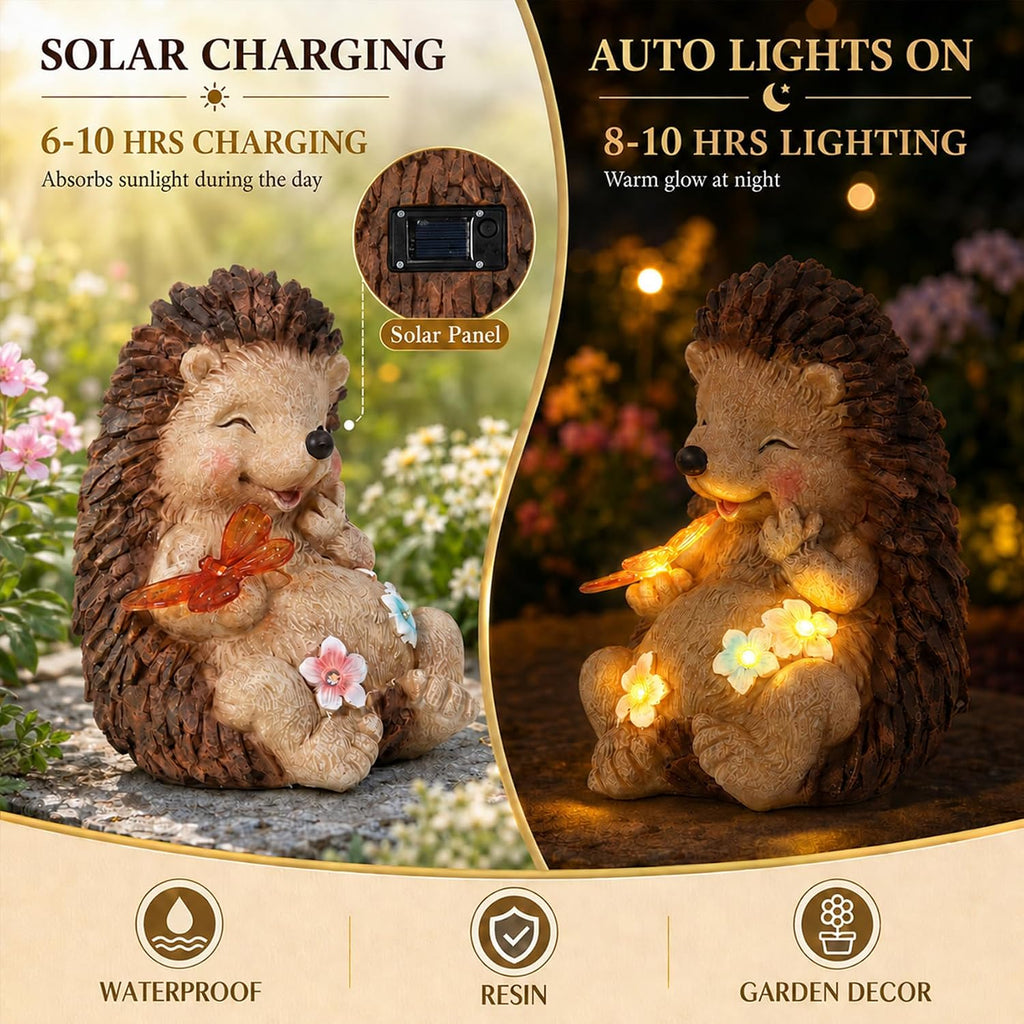 Solar Hedgehog Garden Statue with 4 LED Lights, Outdoor Yard Decor