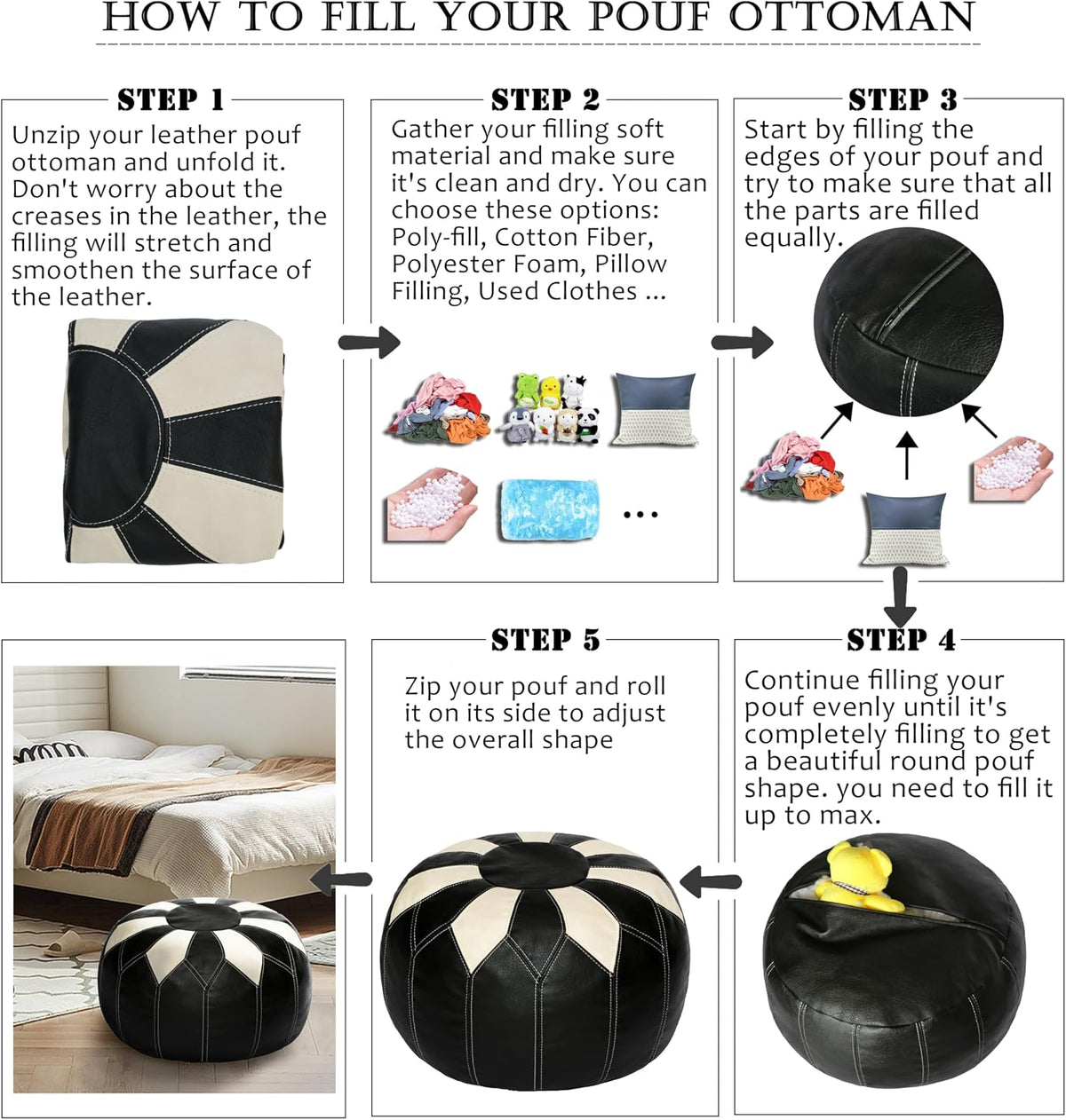 Thgonwid Unstuffed Moroccan Faux Leather Pouf Ottoman Cover with Storage - Boho Chic Multi-Use Footrest for Living Room, Bedroom, Patio - Round Ethnic Floor Cushion & Decorative Accent, Black&White