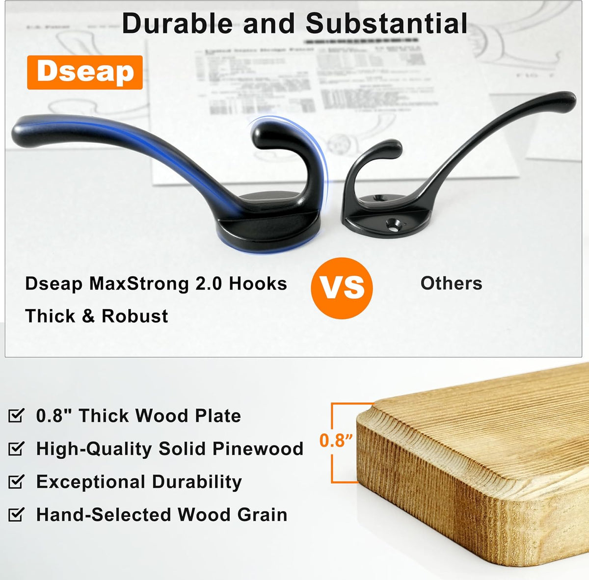 Coat Rack Wall: 24" Long, Patented, Heavy-Duty, 6-Double-Hooks Wooden Wall Mounted Coat Rack Coat Hanger Hook Rail for Winter Coats Hat Jacket Clothing, Natural & Black