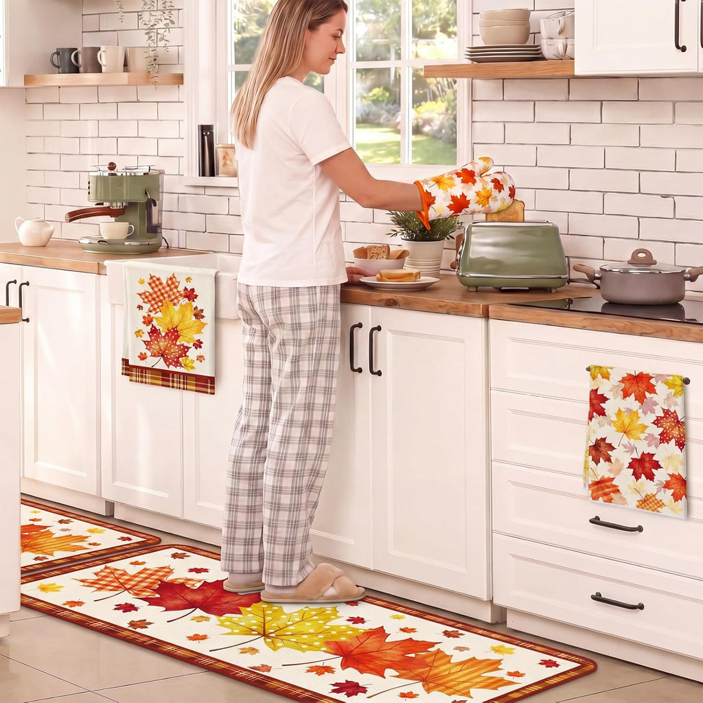 Bencailor 12 Pcs Fall Kitchen Decor Sets 6 Maple Leaves Kitchen Towels 2 Rugs 2 Pot Holder and Oven Mitts for Autumn Home Decorations Accessories Gifts