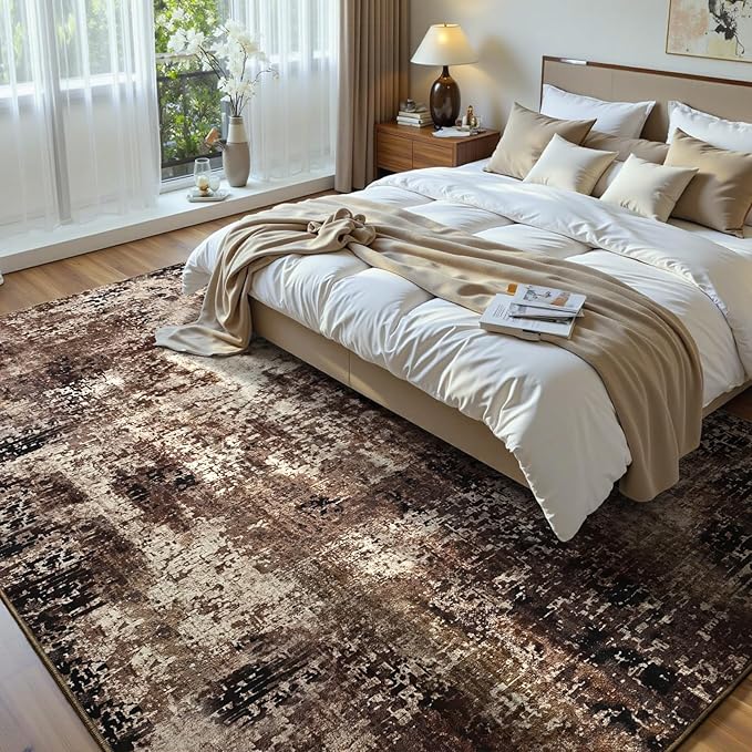 Ompaa Living Room Rug 6x9 Brown Area Rug Machine Washable Boho Coffee Rug Non - Image 2
