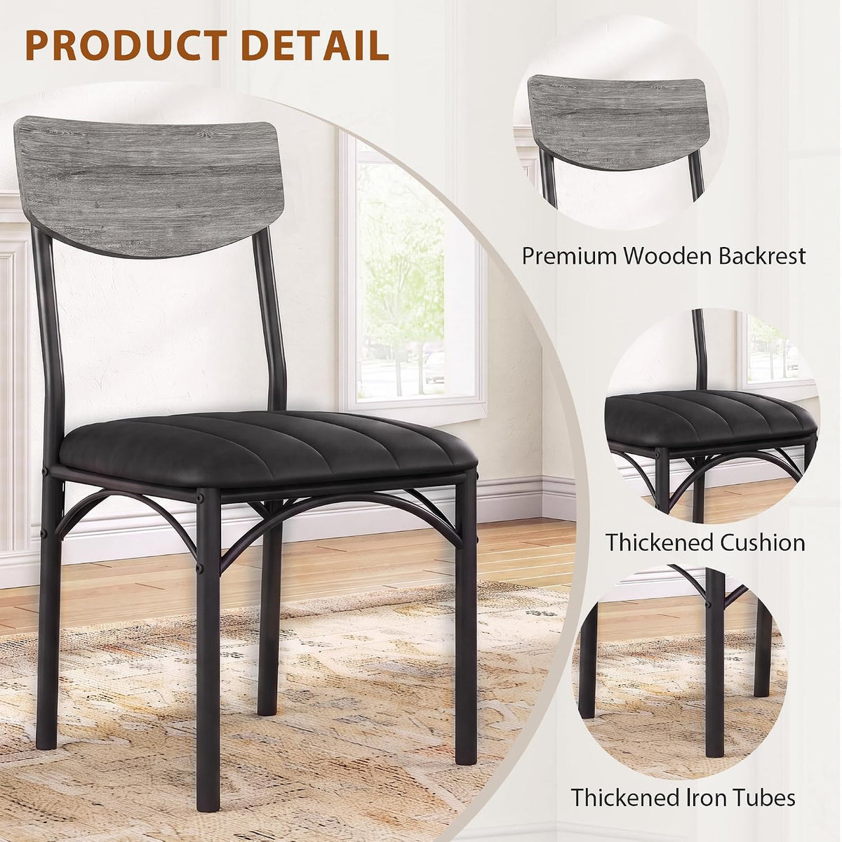 Jocoevol Dining Chairs Set of 4 - Upholstered Dining Room Chairs with PU Leather, Industrial Kitchen Chairs with Wooden Backrest and Thickened Metal Legs, for Dining Room, Living Room（Gray）