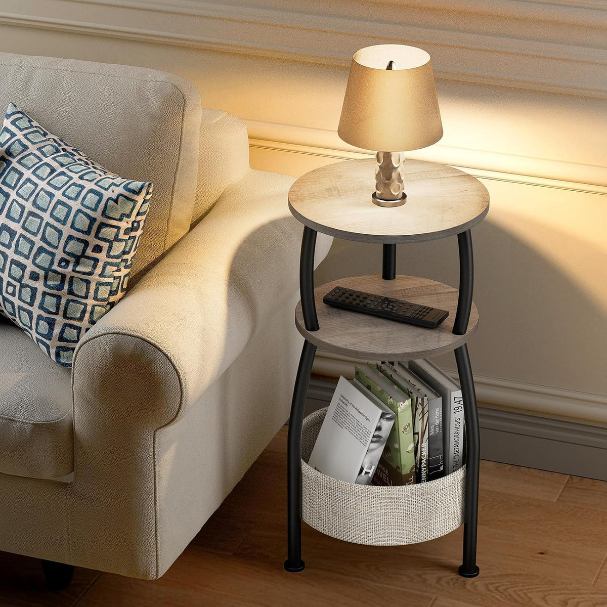 Round Side Table for Living Room with Storage Basket, 11.81in