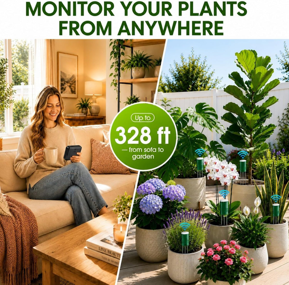 4-in-1 Soil Moisture Meter for Plants ,Soil Temperature /Moisture /Sunlight Time, Large Screen, Garden Soil Tester for Lawn, Farm, Houseplants，Wireless Indoor/Outdoor Plant Water Meter (Dark Black)
