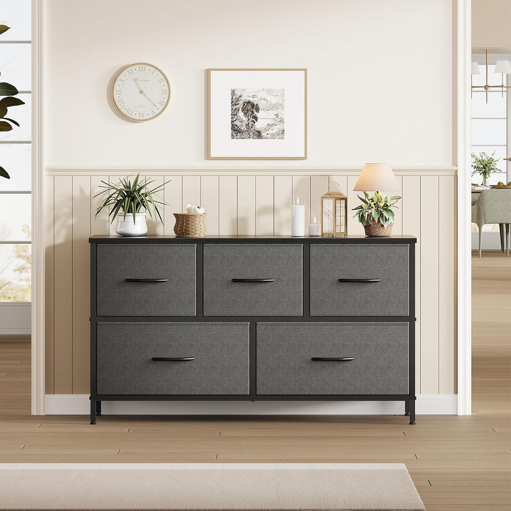 OLIXIS Dresser for Bedroom with 5 Drawers, Wide Chest of Drawers, Grey