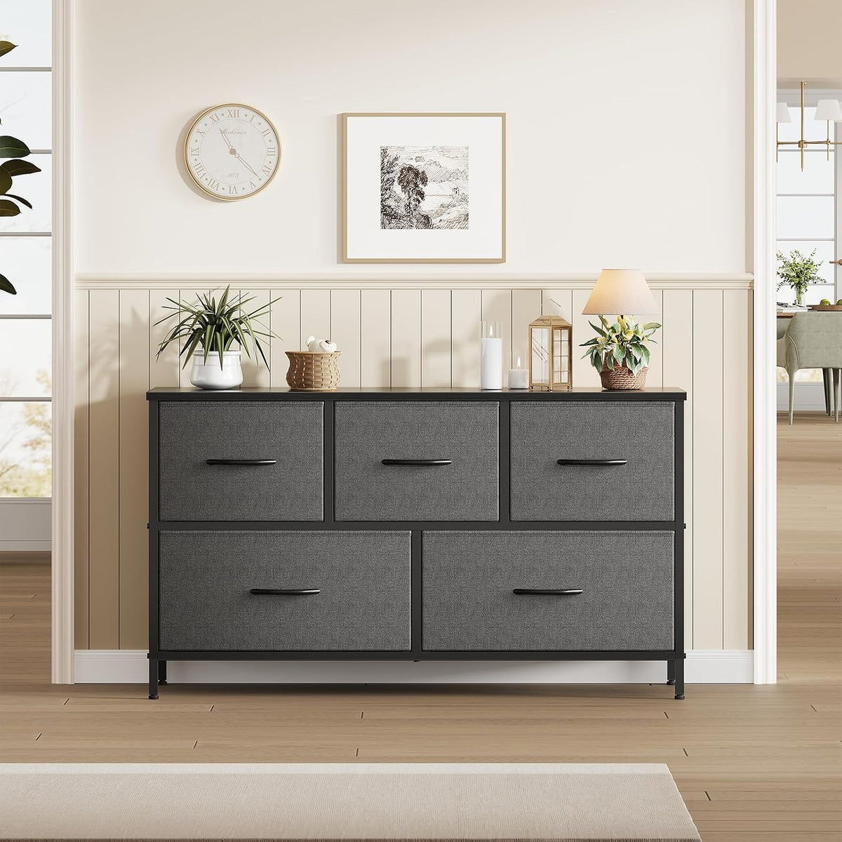 OLIXIS Dresser for Bedroom with 5 Drawers, Wide Chest of Drawers, Grey