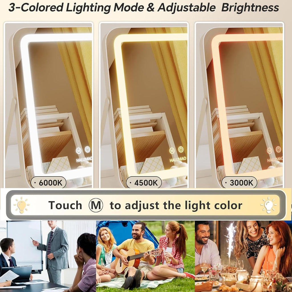 halumao Vanity Mirror with Lights, 14.5" Light Up Makeup Mirror, LED Makeup Mirror with Lights for Bedroom Tabletop, Smart Touch Control 3 Colors Dimmable, 360° Rotation