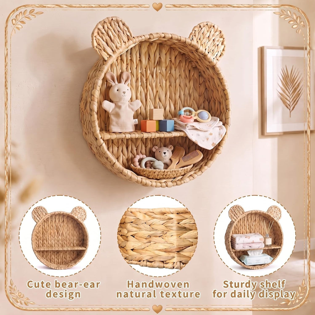 Bear Water Hyacinth Wicker Wall Shelf for Nursery, Rattan Shelf